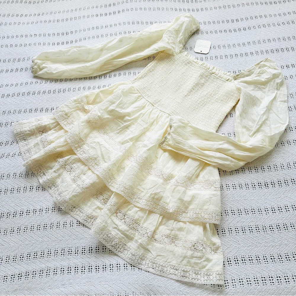 Elegant Cream Long Sleeve lace layered mini Dress